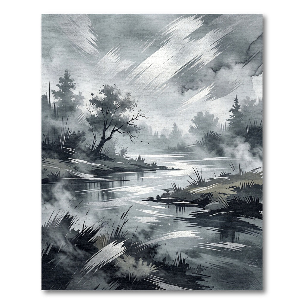 Monochrome Misty Forest River Landscape Rug