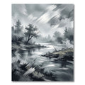 Monochrome Misty Forest River Landscape Rug