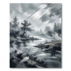 Monochrome Misty Forest River Landscape Rug