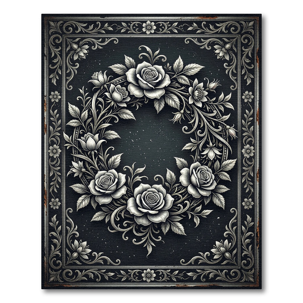 Monochrome Silver Rose Wreath Border Rug