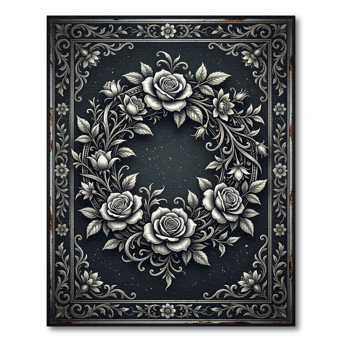 Monochrome Silver Rose Wreath Border Rug