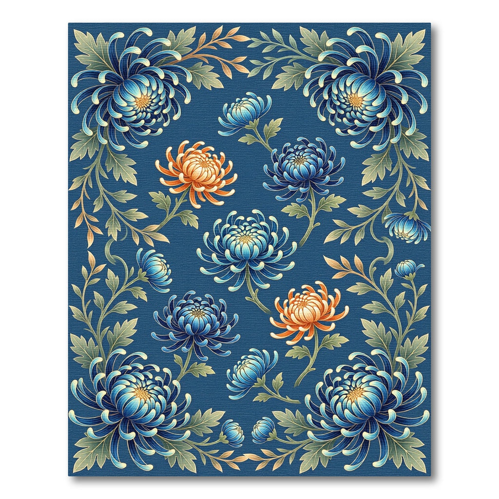Elegant Blue and Gold Chrysanthemum Floral Rug
