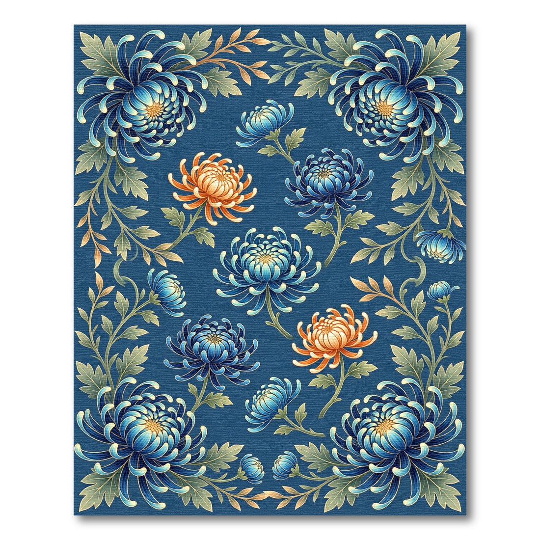 Elegant Blue and Gold Chrysanthemum Floral Rug
