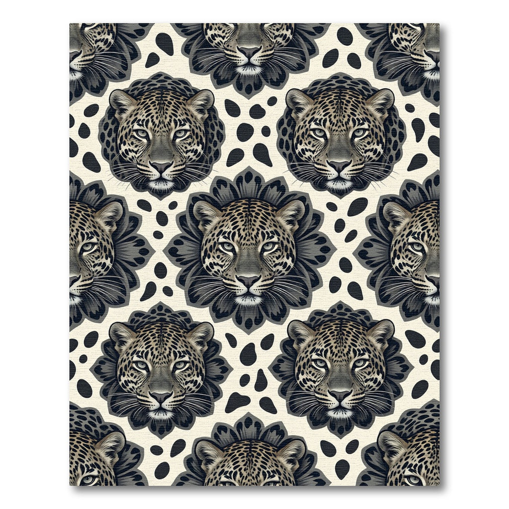 Leopard Head Floral Cream Black Art Rug