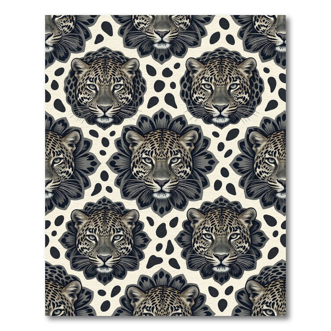 Leopard Head Floral Cream Black Art Rug