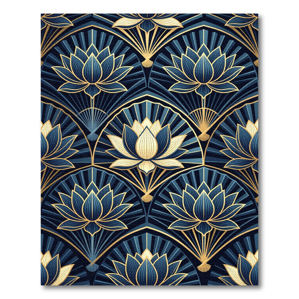 Art Deco Golden Lotus Navy Tile Rug