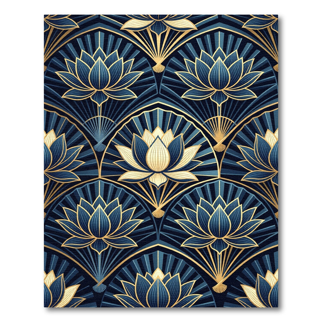 Art Deco Golden Lotus Navy Tile Rug