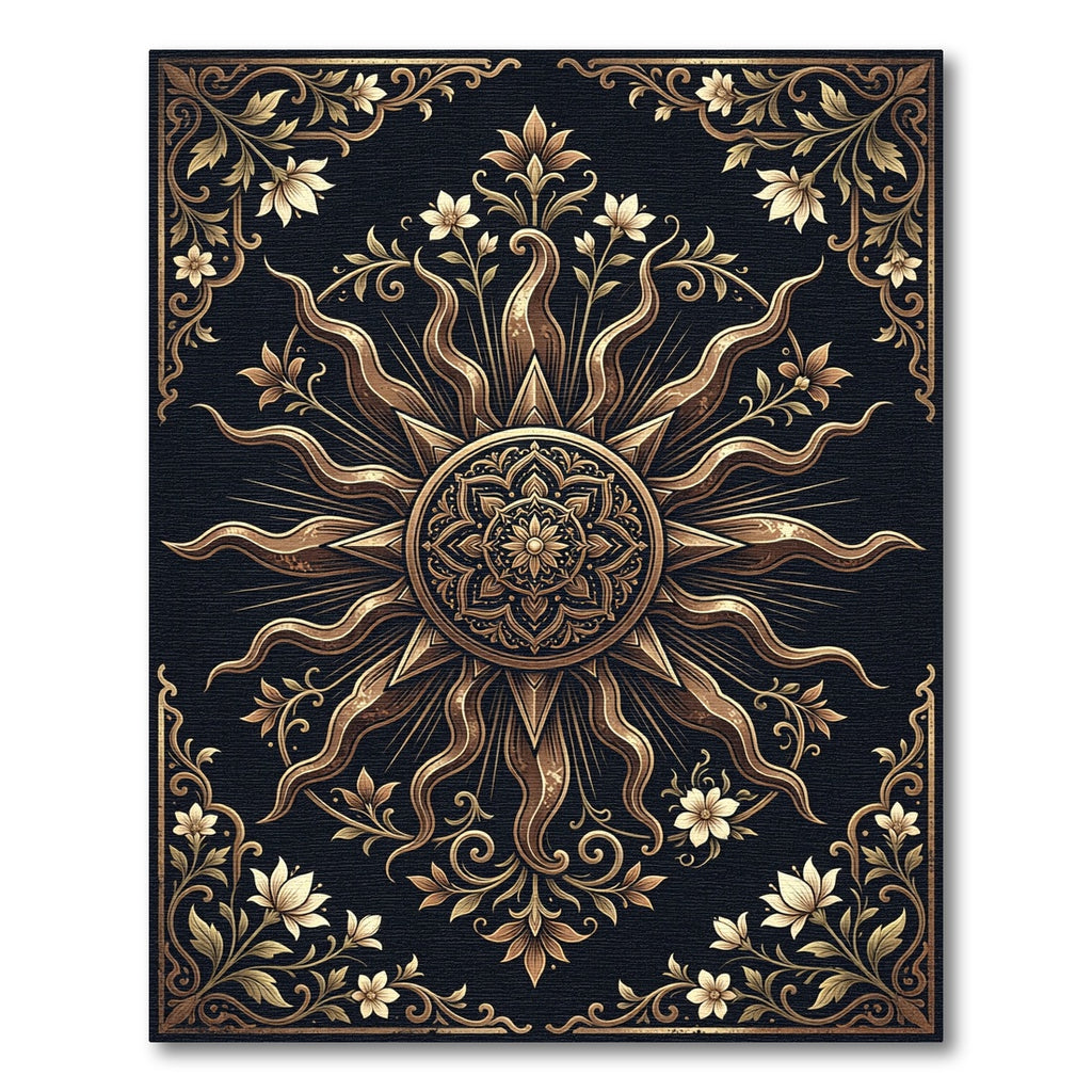 Golden Celestial Sun Floral Medallion Rug