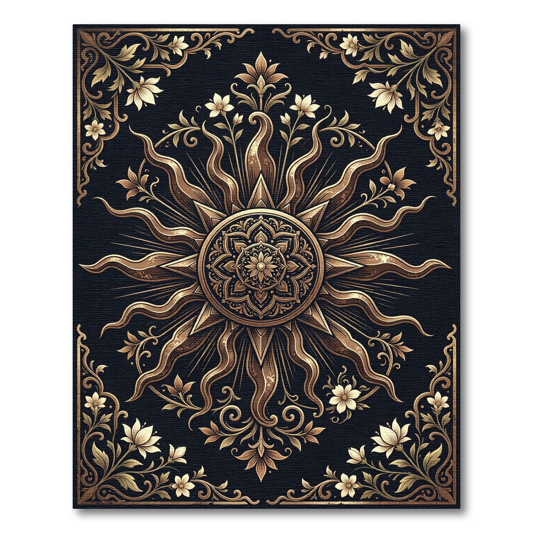 Golden Celestial Sun Floral Medallion Rug