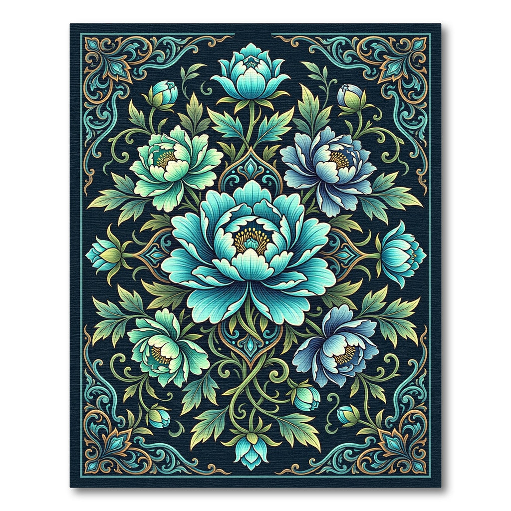 Teal Azure Peony Flourish Medallion Rug