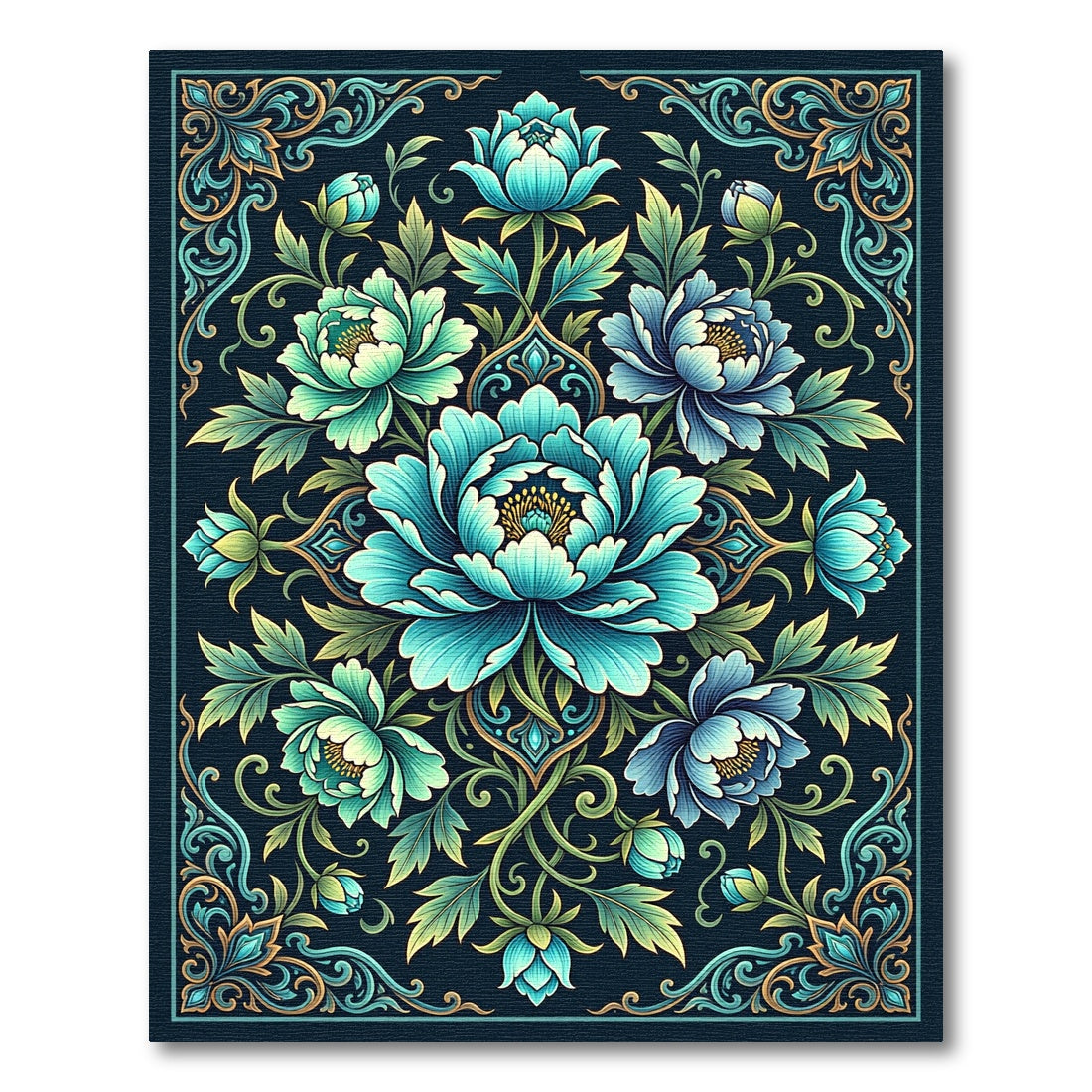 Teal Azure Peony Flourish Medallion Rug