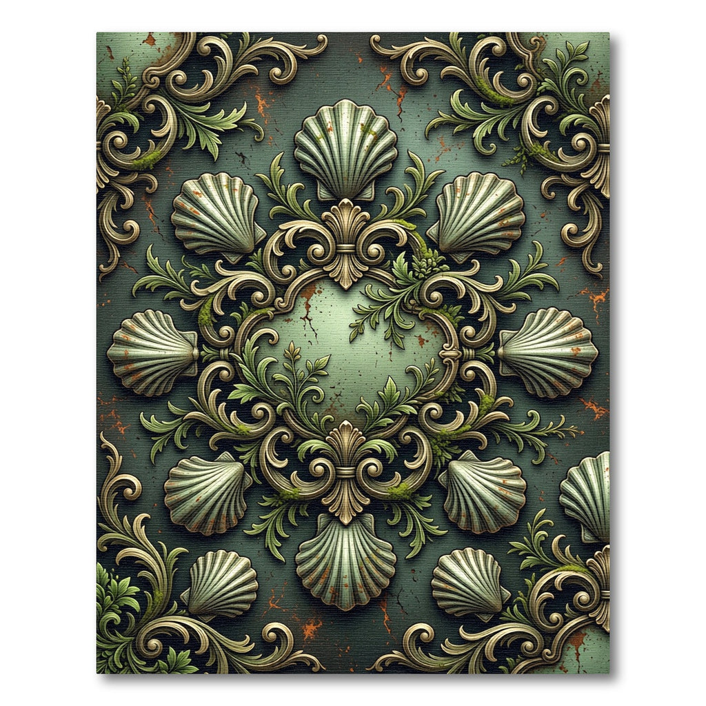 Ornate Sage Green Shell Scrollwork Rug