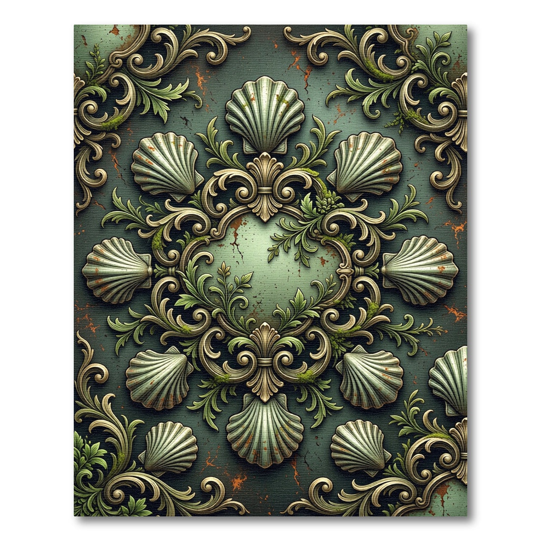 Ornate Sage Green Shell Scrollwork Rug