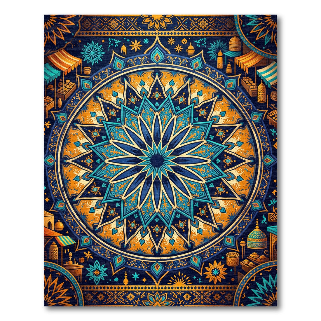 Vibrant Azure Golden Mandala Star Medallion Rug