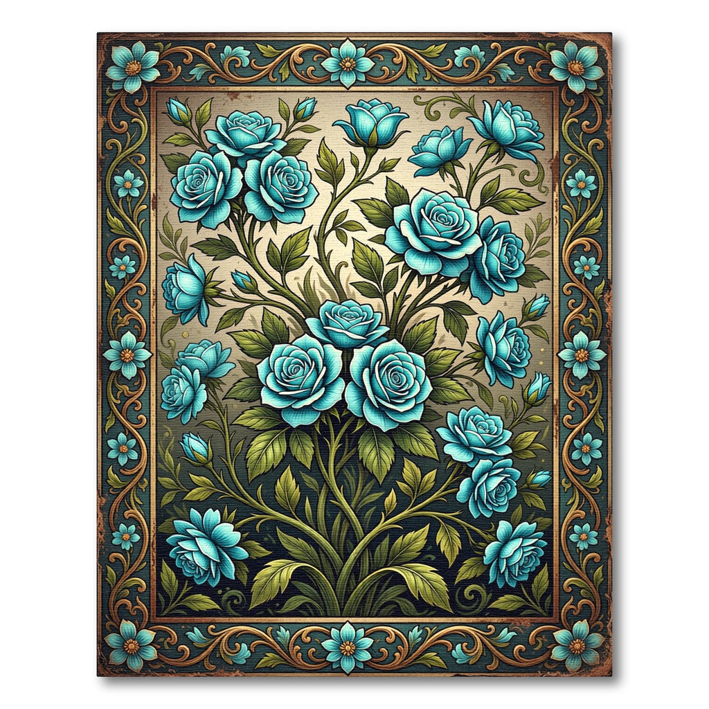 Elegant Teal Rose Botanical Garden Rug