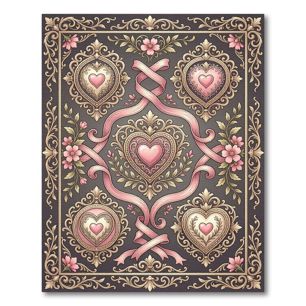 Ornate Pink Hearts Floral Border Rug
