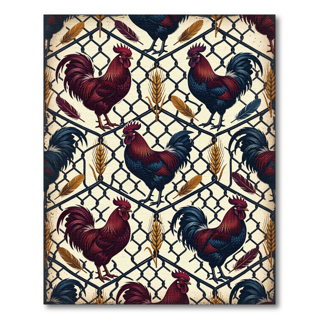 Rustic Farmhouse Rooster Fence Wheat Rug