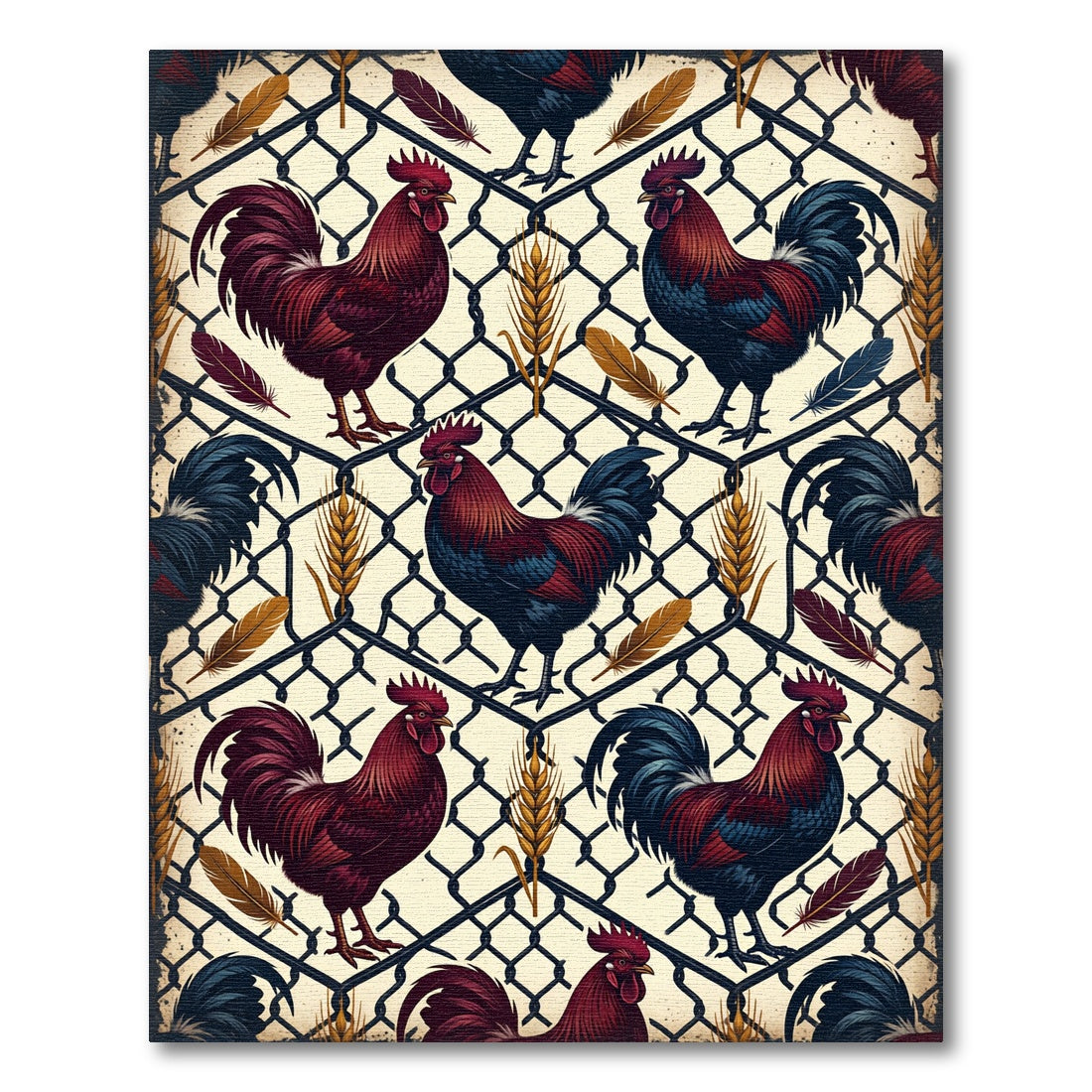 Rustic Farmhouse Rooster Fence Wheat Rug