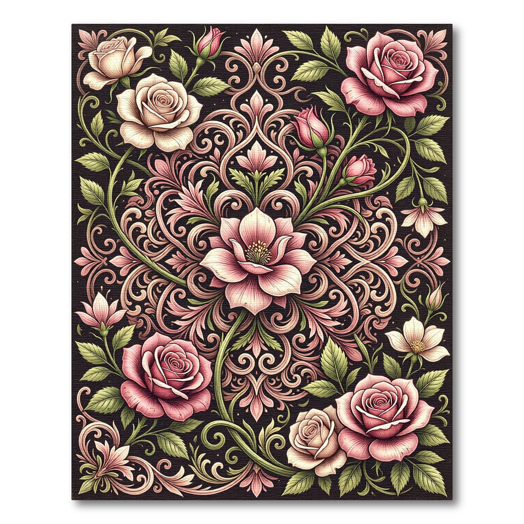 Elegant Blush Rose Floral Scrollwork Rug