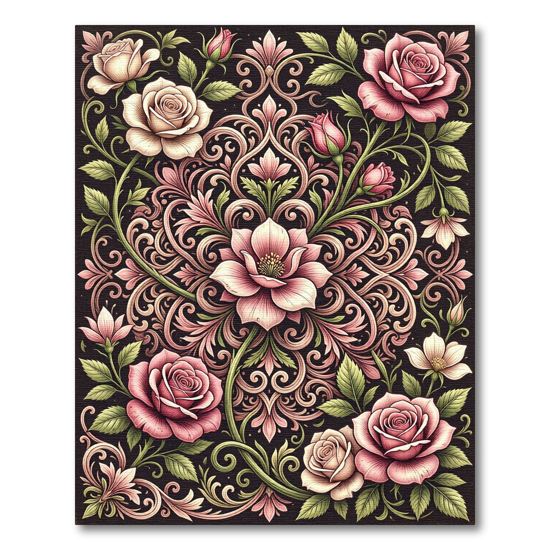 Elegant Blush Rose Floral Scrollwork Rug