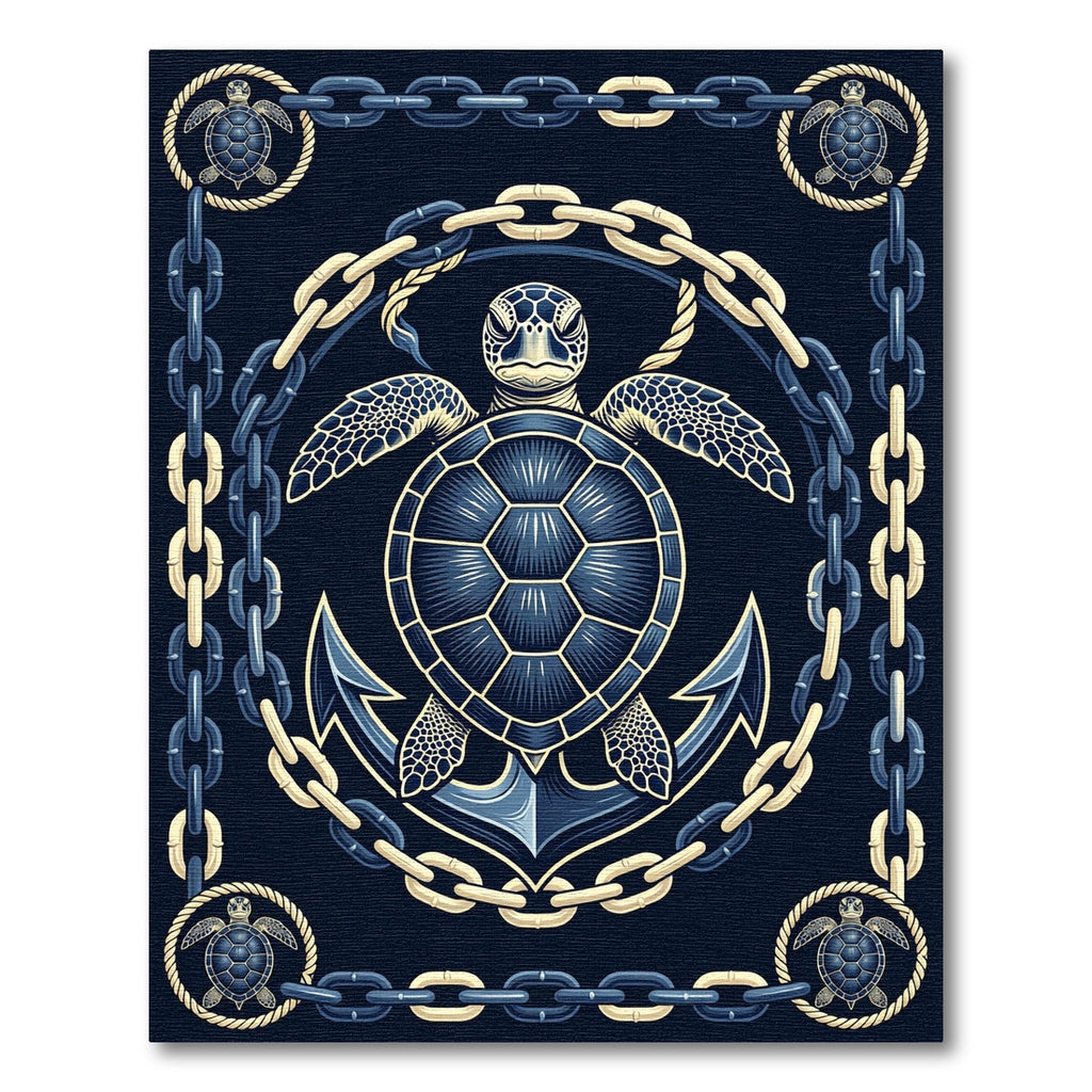 Nautical Navy Turtle and Anchor Illustration Rug