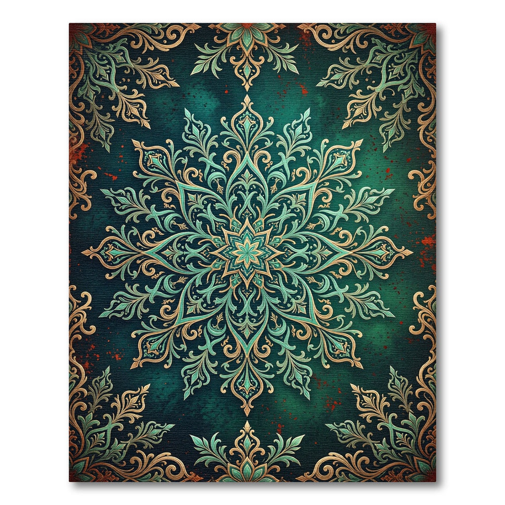 Elegant Teal Gold Floral Mandala Rug