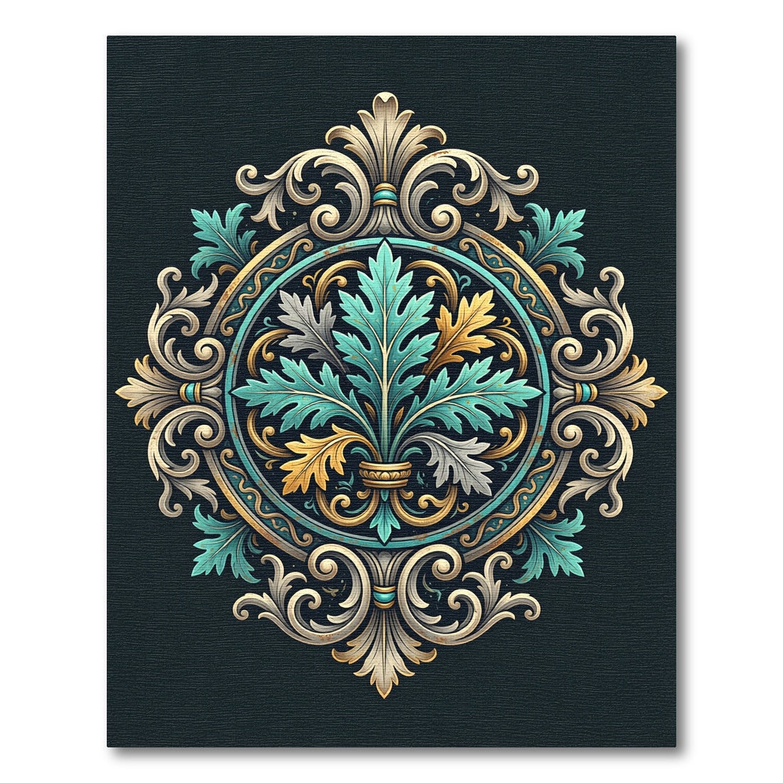Ornate Teal Gold Acanthus Medallion Rug