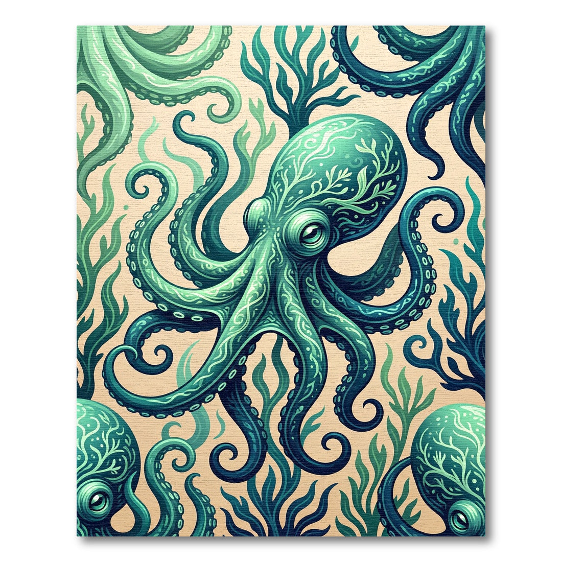 Teal Octopus with Marine Kelp Art Rug
