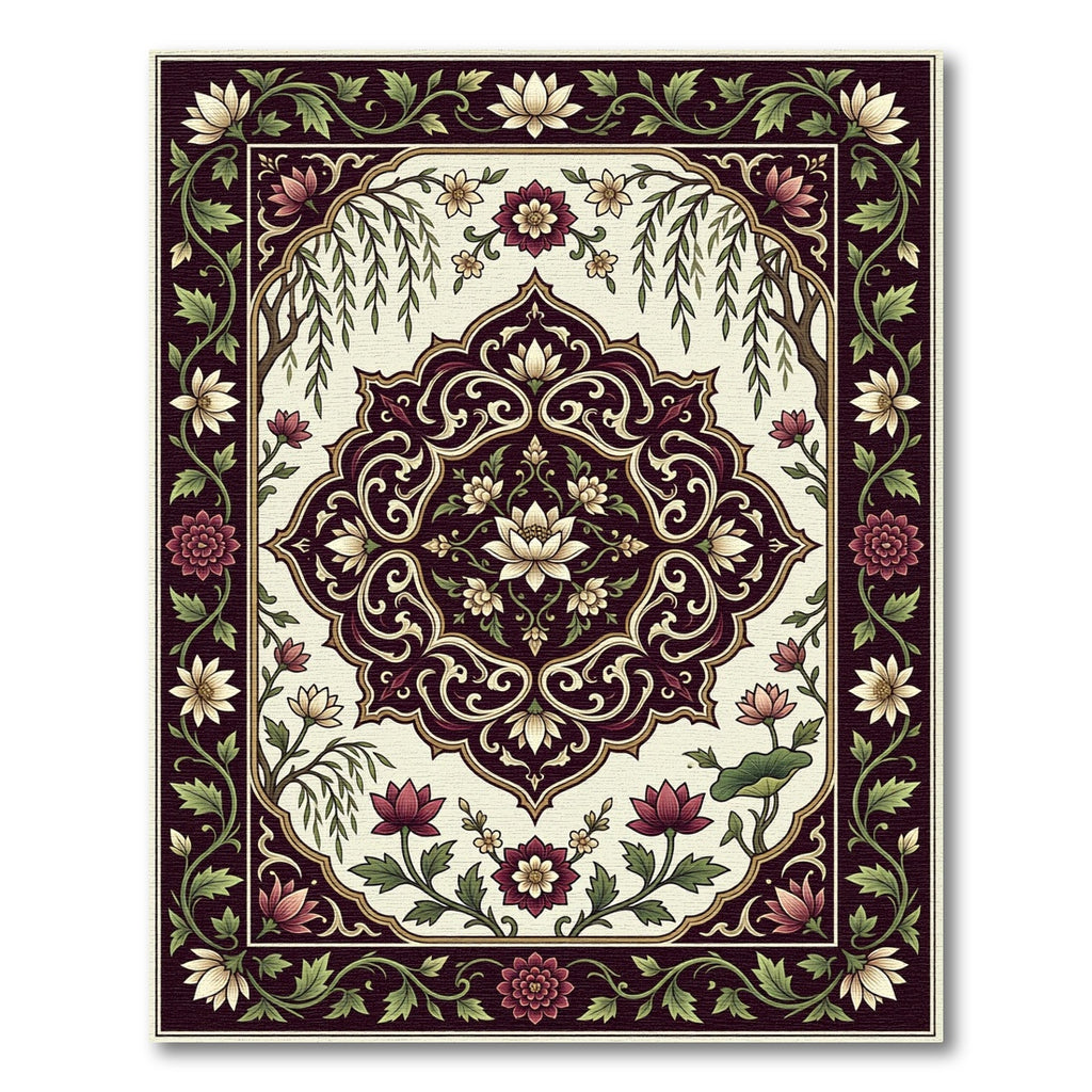Elegant Cranberry Floral Lotus Medallion Rug