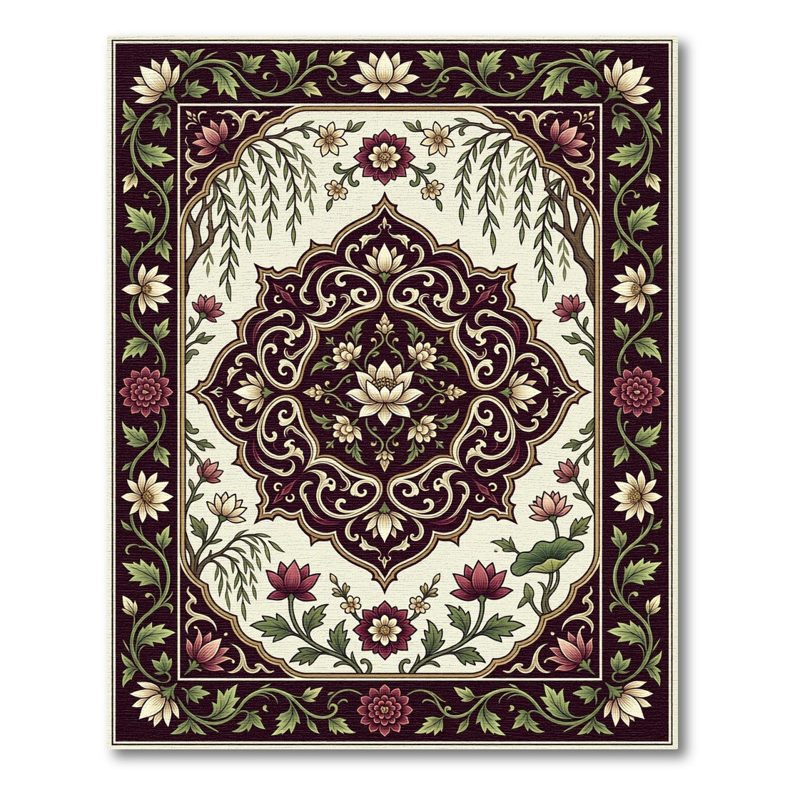 Elegant Cranberry Floral Lotus Medallion Rug