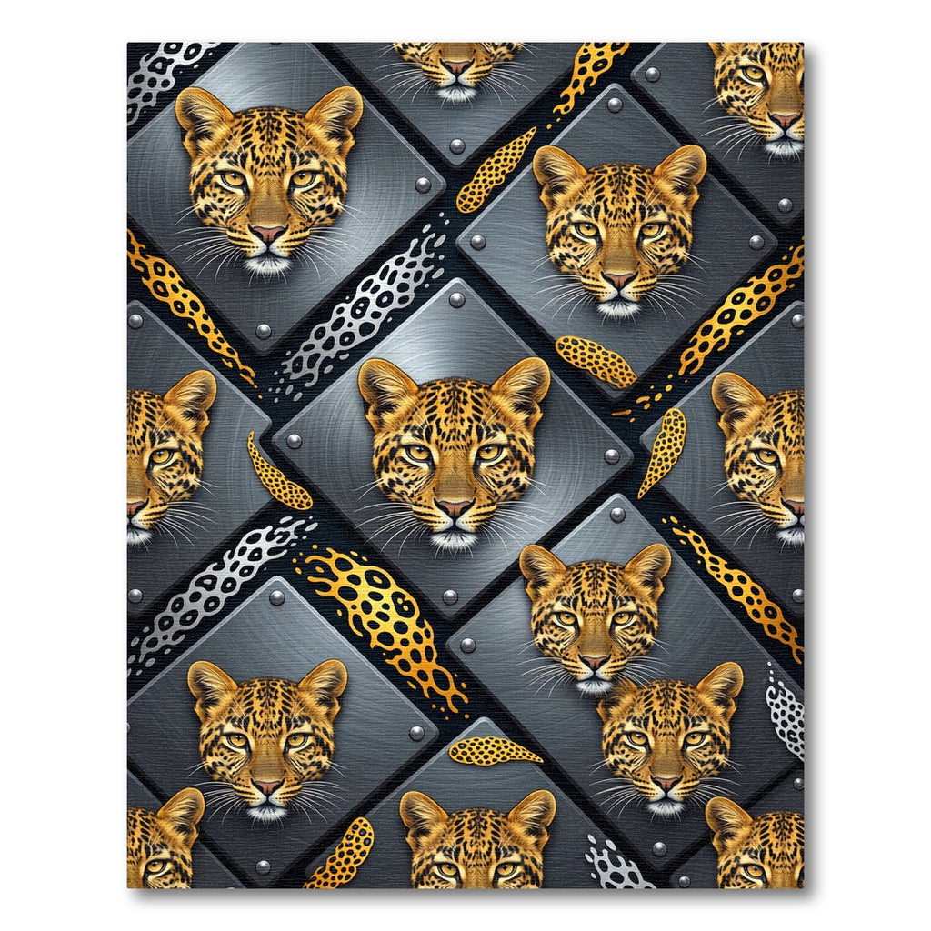 Metallic Leopard Head Geometric Panel Rug