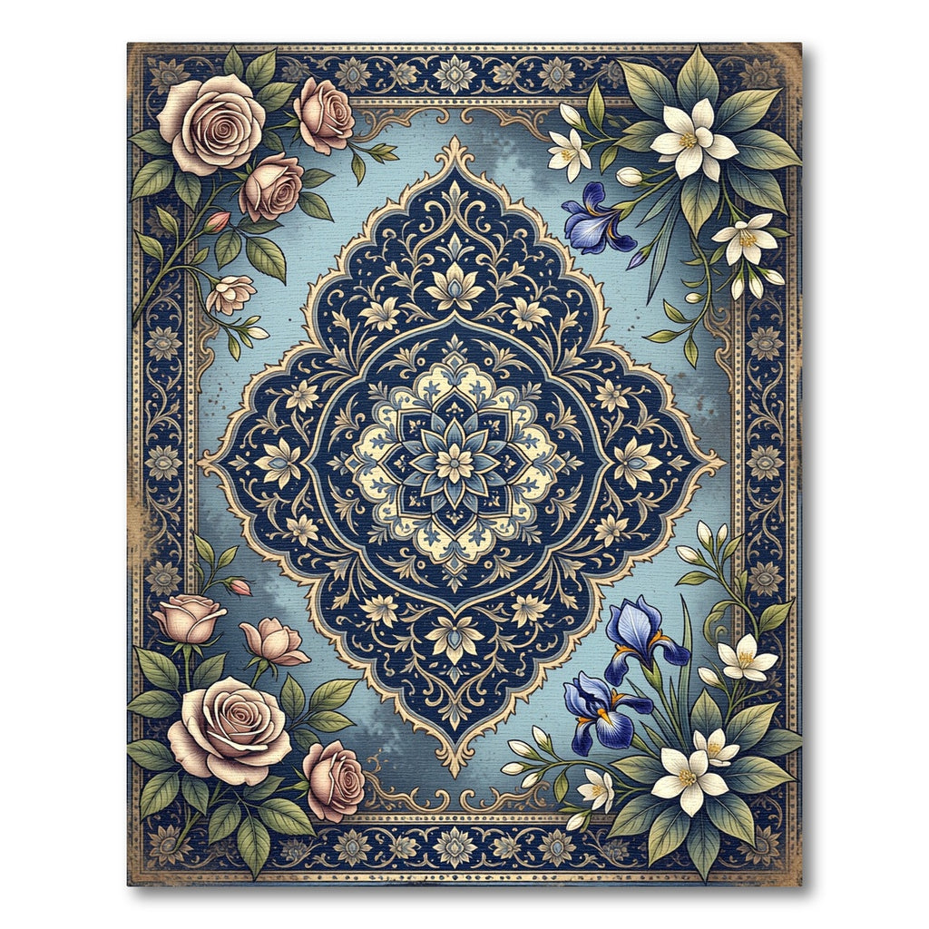 Navy Blue Floral Medallion Garden Rug