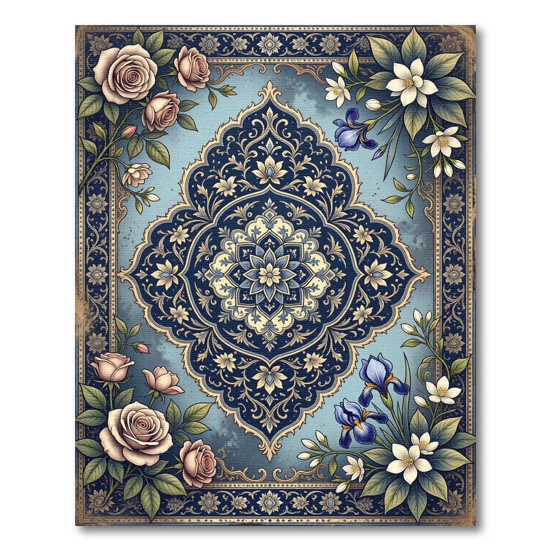 Navy Blue Floral Medallion Garden Rug