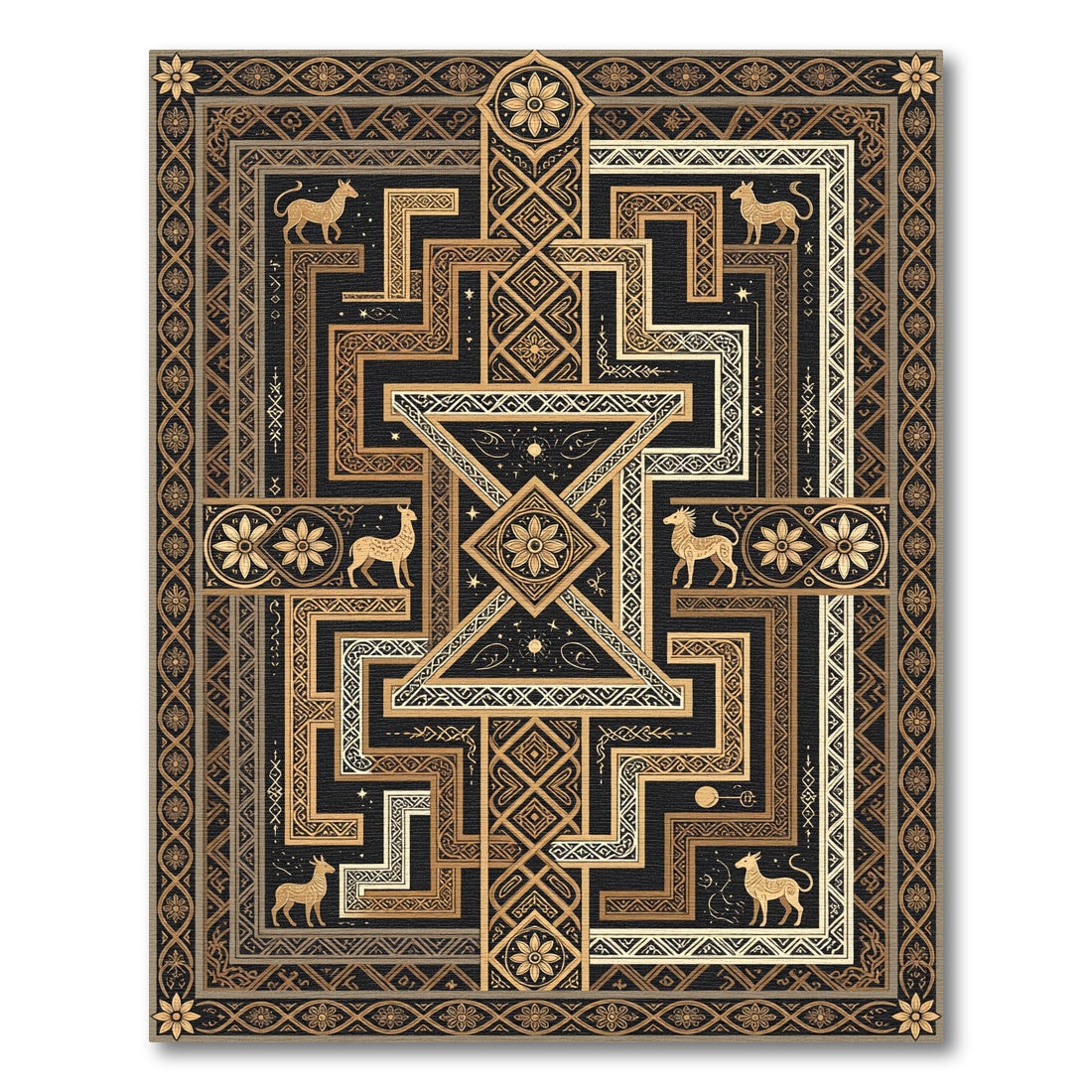 Golden Mythical Creature Geometric Maze Rug