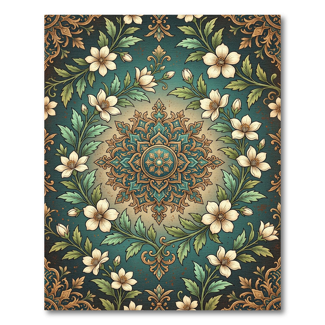 Floral Medallion Teal Gold Tapestry Rug