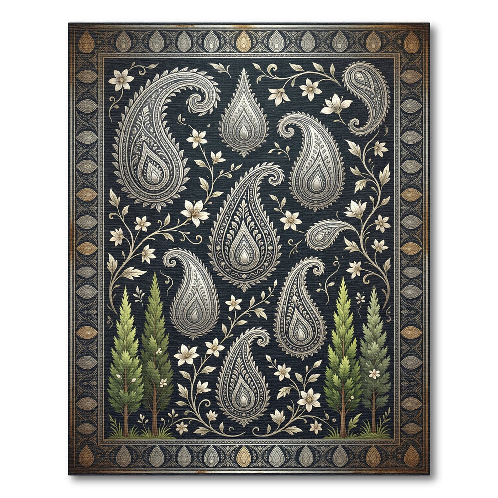 Elegant Navy Paisley Cypress Floral Art Rug