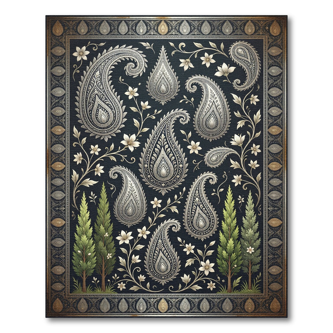 Elegant Navy Paisley Cypress Floral Art Rug