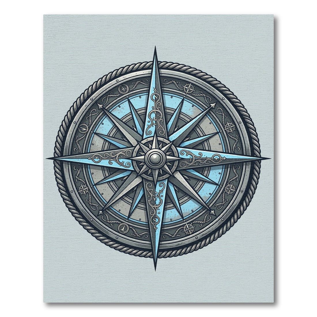 Intricate Nautical Compass Silver Blue Ray Rug