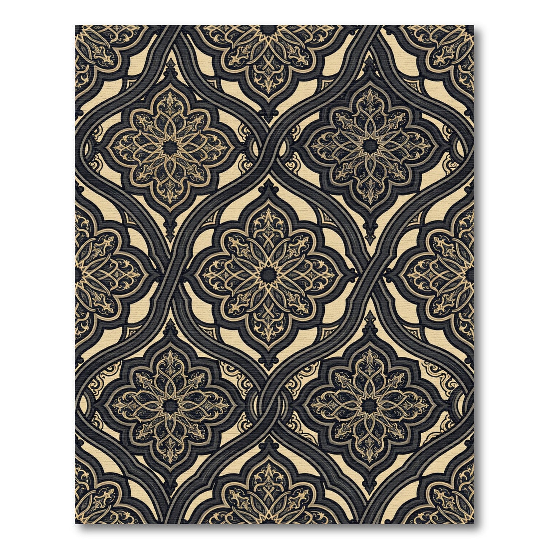 Ornate Gold and Charcoal Arabesque Trellis Rug