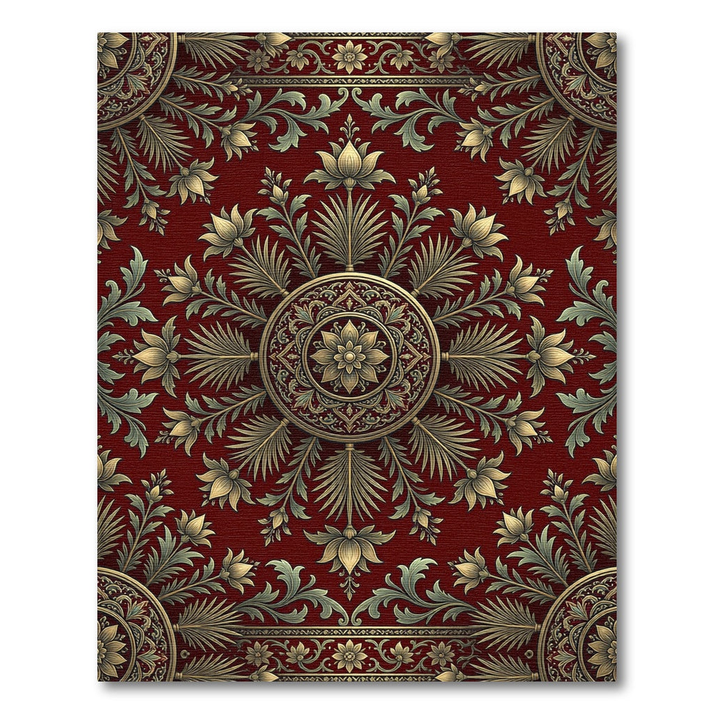 Elegant Crimson Golden Floral Medallion Rug