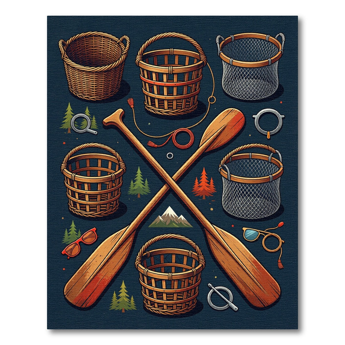 Rustic Nautical Oar and Basket Illustration Rug