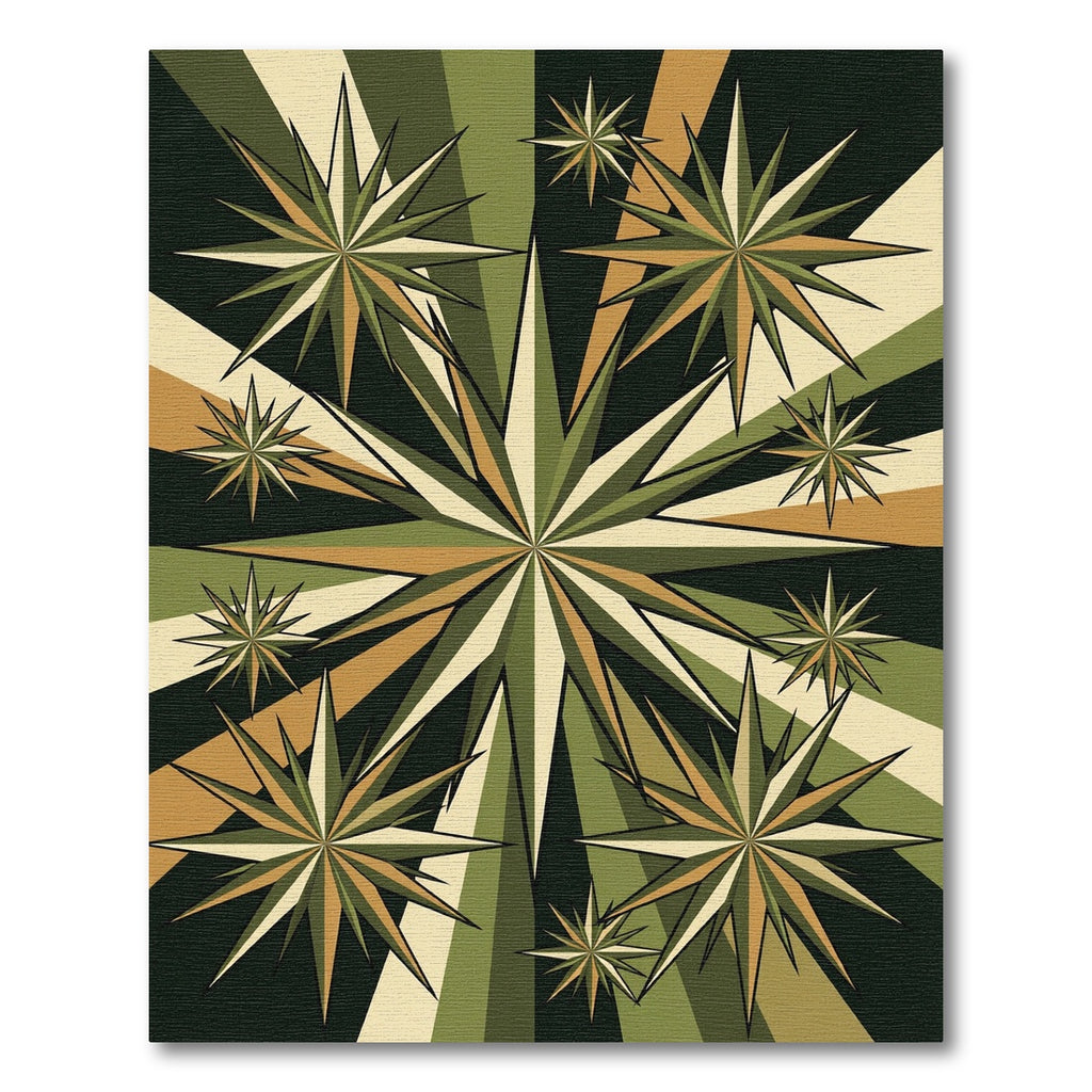 Mid-Century Olive Gold Geometric Starburst Rug
