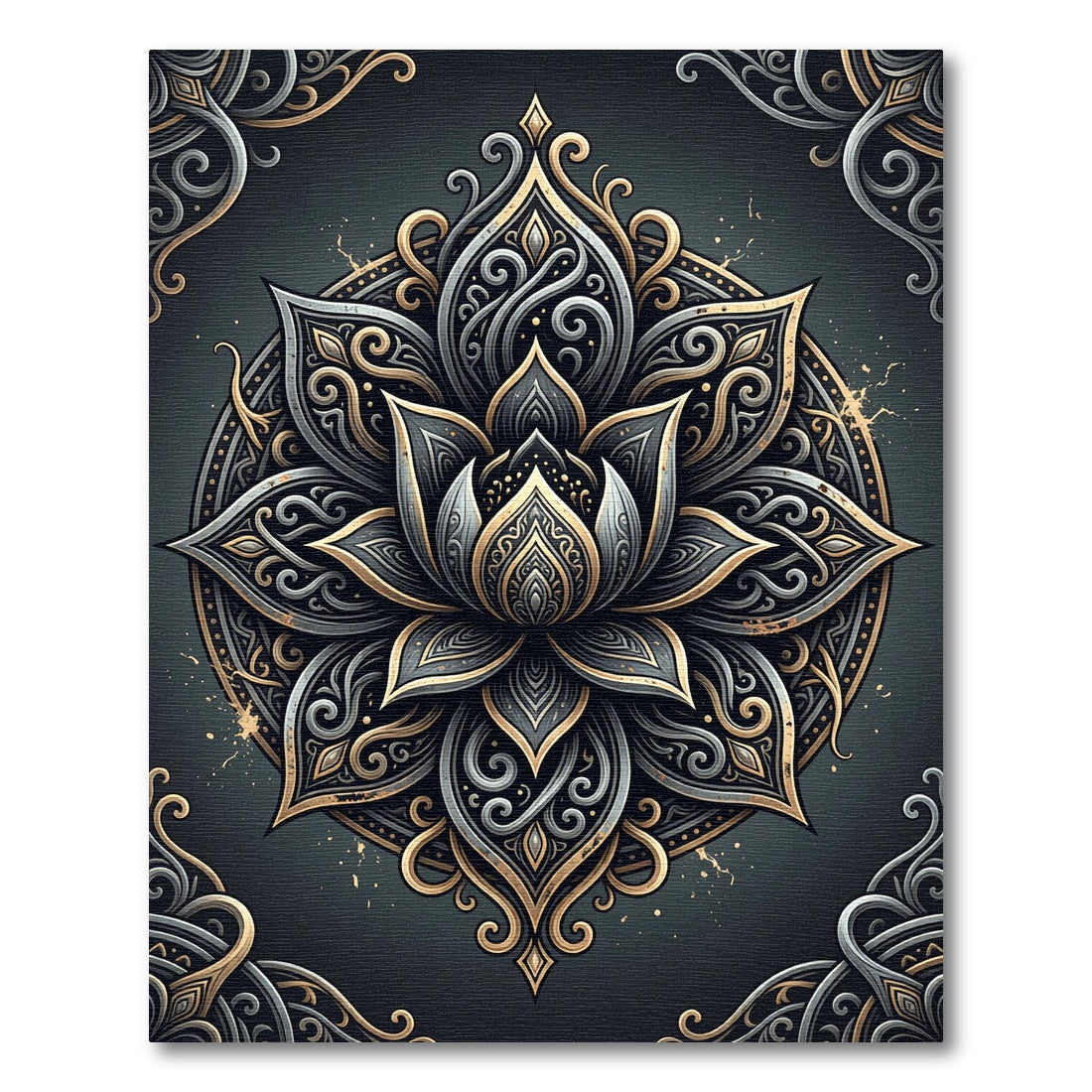 Opulent Charcoal Gold Lotus Mandala Rug