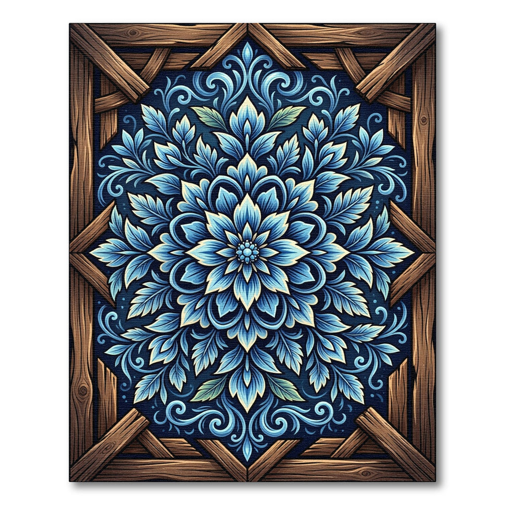 Blue Floral Ornamental Symmetry Wood Frame Rug