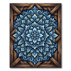 Blue Floral Ornamental Symmetry Wood Frame Rug