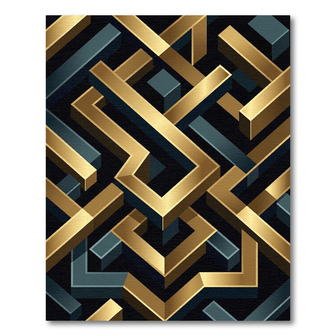 Gold Teal Isometric Maze Surface Rug