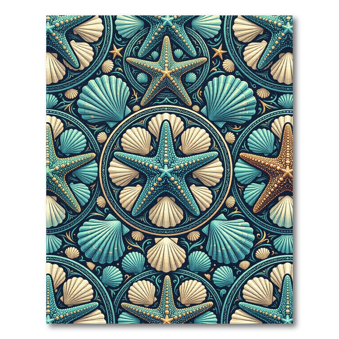 Teal Starfish and Seashell Ocean Medallion Rug