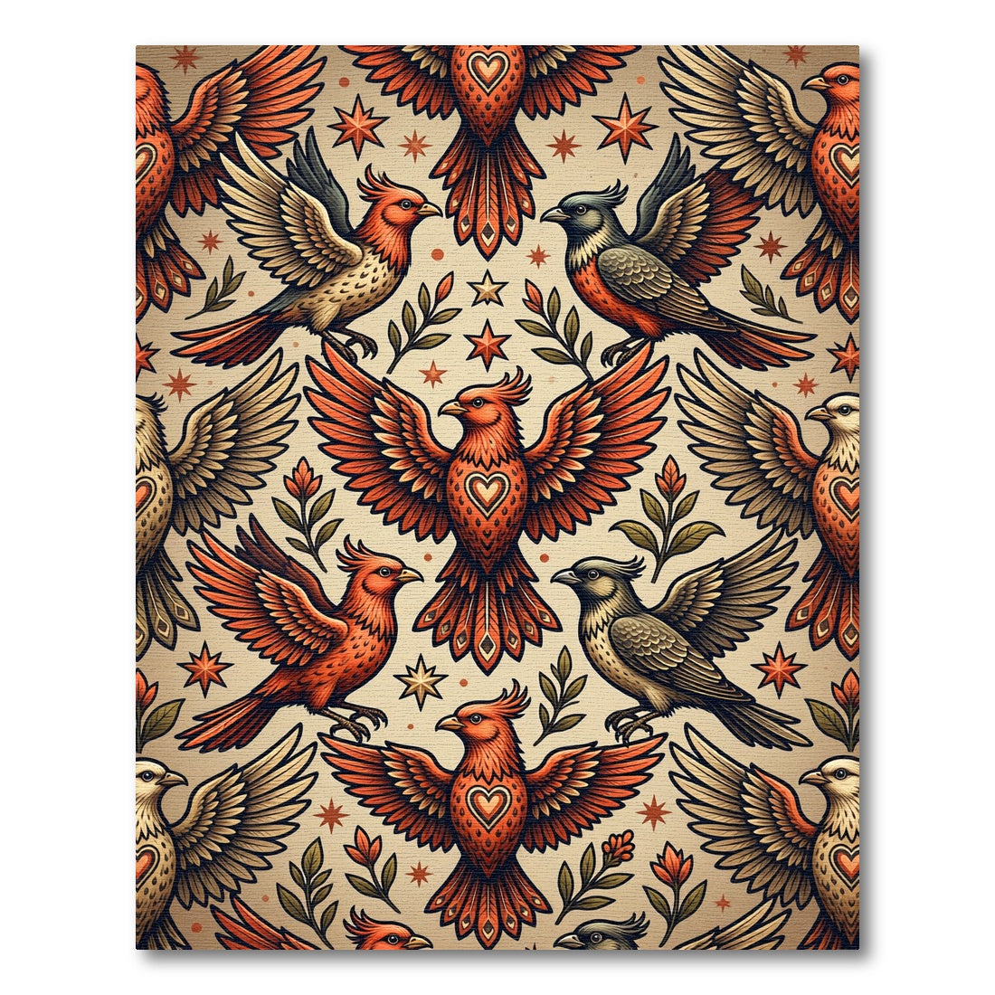 Vintage Crimson Avian Heart Star Tapestry Rug