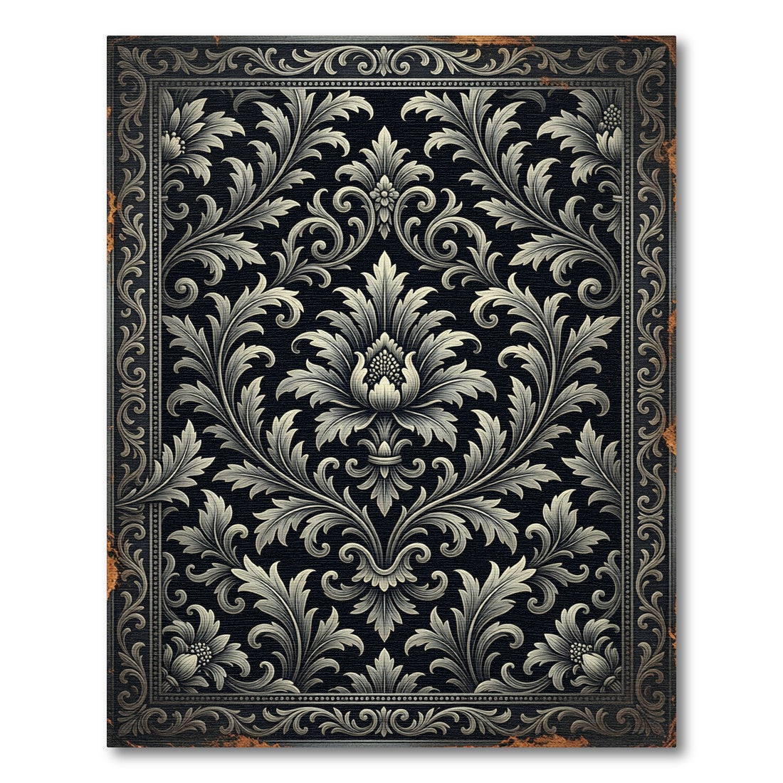 Elegant Charcoal Damask Scroll Art Rug