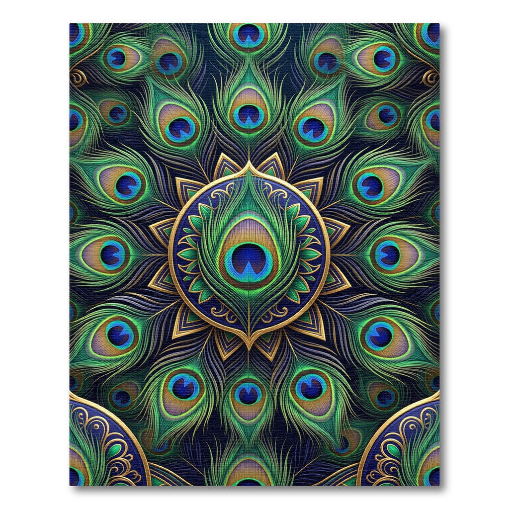 Elegant Peacock Feather Gold Mandala Rug